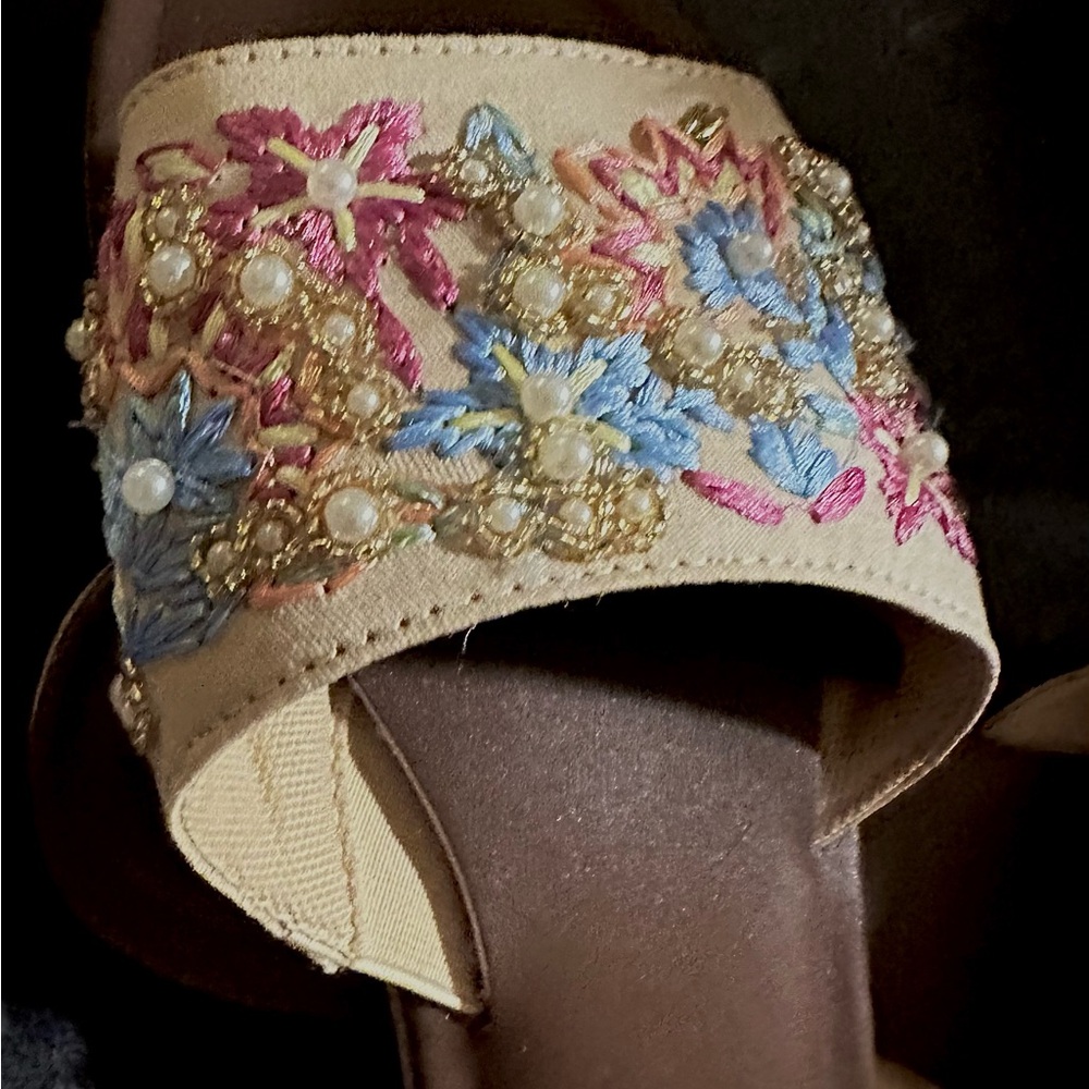 Haute Hippie Floral Embroidered Sandals - Blue and Pink on Beige - Picture 6 of 10